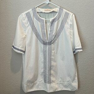Tory Burch White Navy Blue Stitching 100% Cotton Blouse - Size 4 - EUC